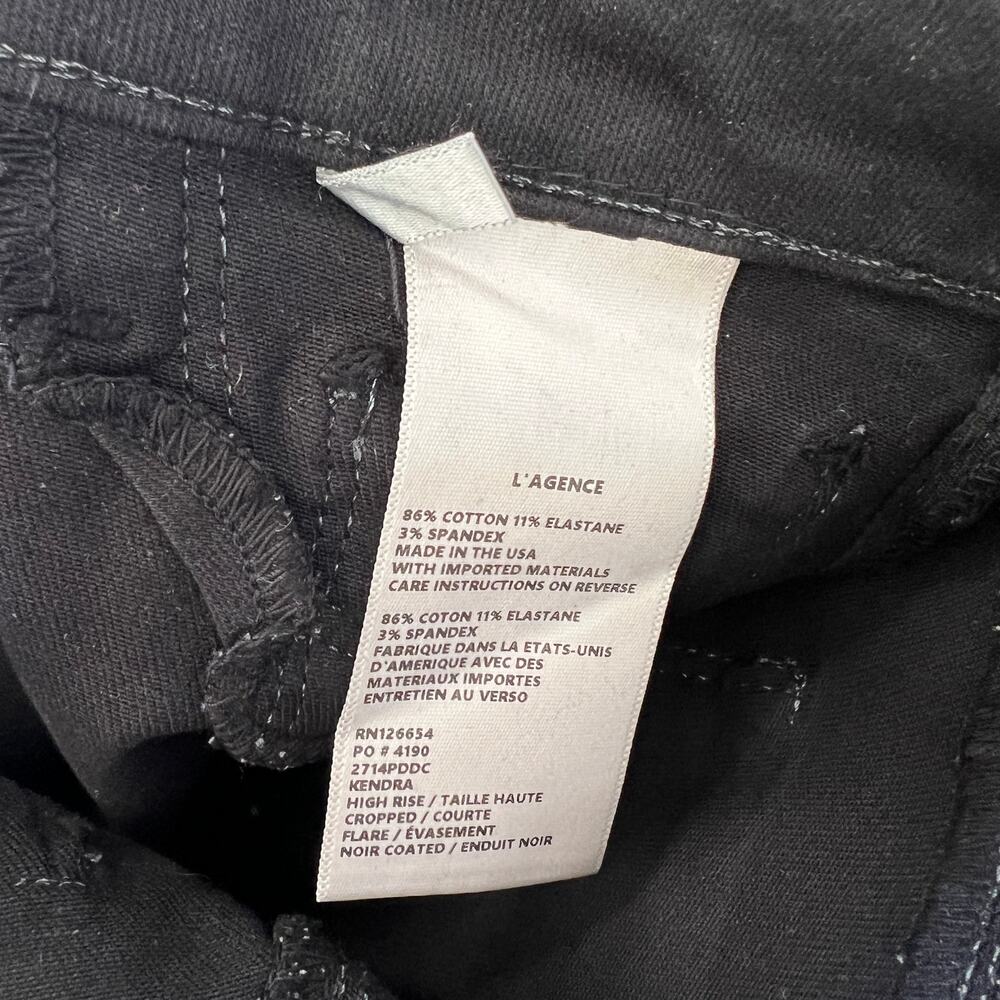 L'AGENCE Black Kendra Coated Cropped Flare Jeans Raw Hems Size 25 Stretch Kick - Picture 10 of 11